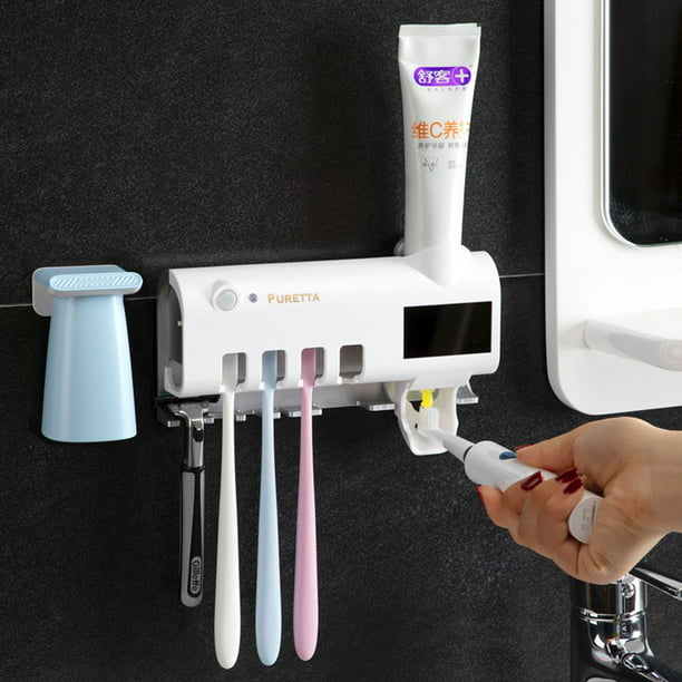 Light Toothbrush Holder Set Cleaner Wall Mount Bathroom Toothpaste Dispenser